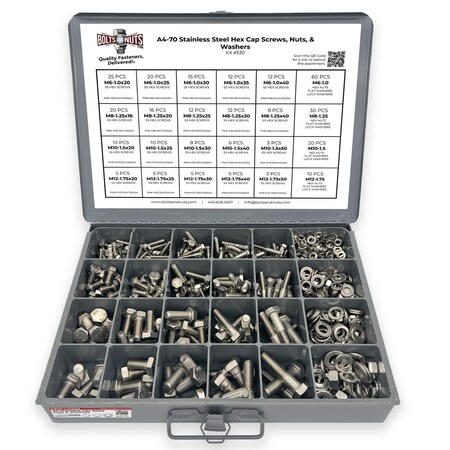 Boltsandnuts.Com Metric A4 Stainless Steel Hex Cap Screws, Hex Nuts, Flat & Lock Washers - 575 PCS Assortment Kit #530